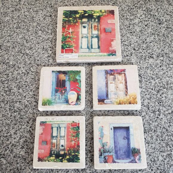 Artisan Coasters & Trivet Set. Natural Stone Tumbled Marble. Pueblo De Colores - Picture 1 of 13